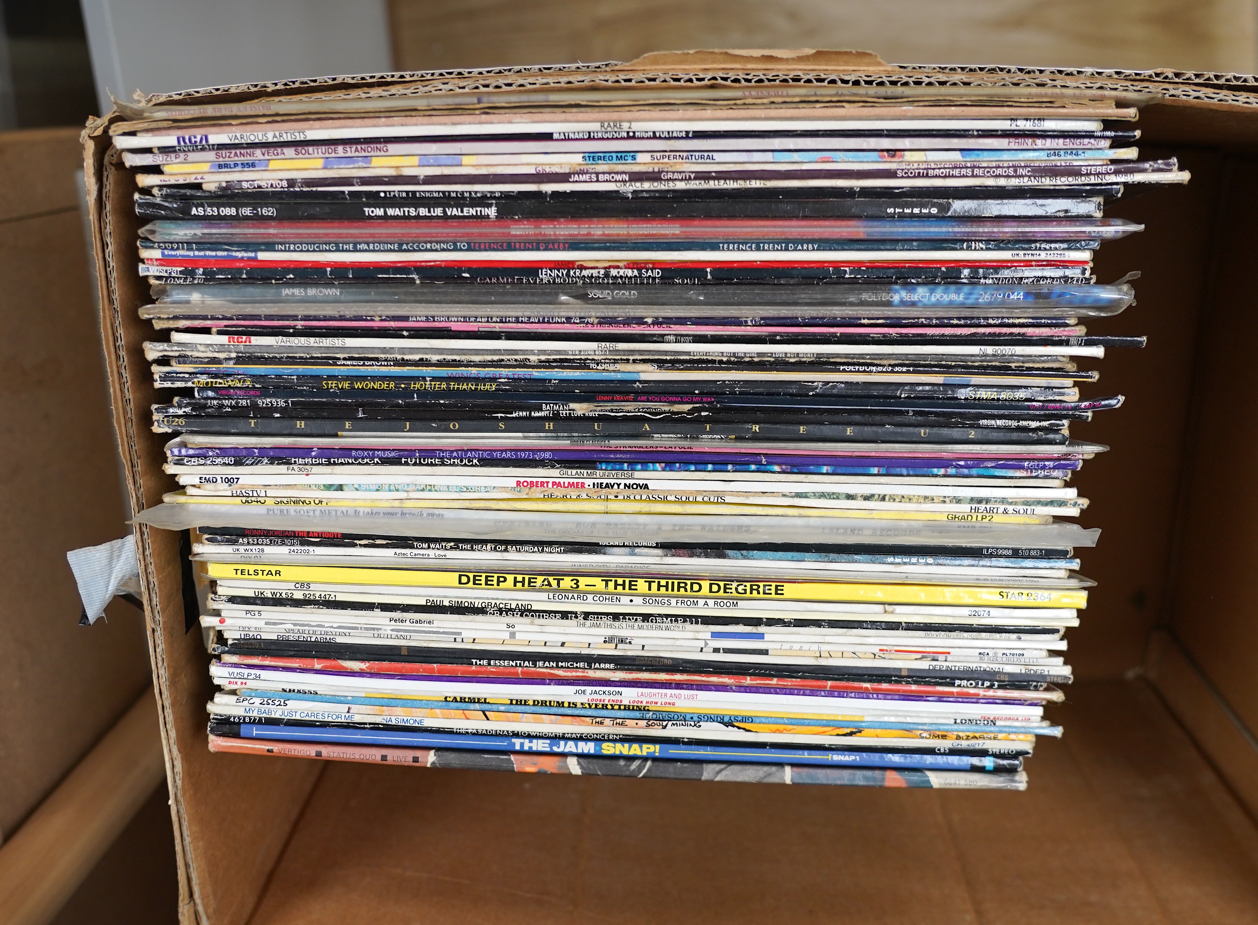 Seventy LP record albums, artists including; Chicken Shack, Massive Attack, Prince, Grace Jones, James Brown, Tom Waits, The Stranglers, Wings, Stevie Wonder, Lenny Kravitz, U2, UB40, Roxy Music, Bob Marley, Sting, Paul